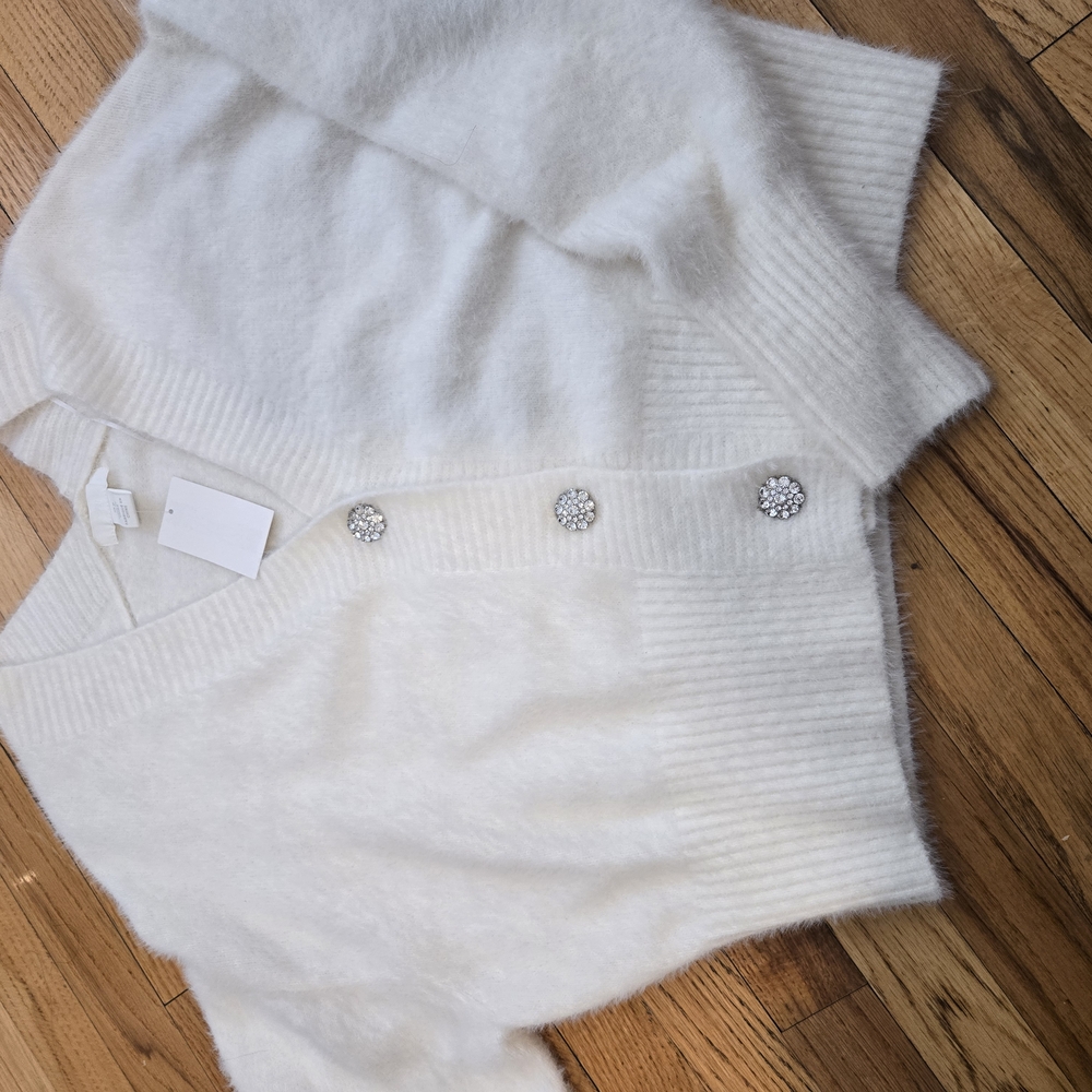 Elegant White Sweater with Crystal Buttons